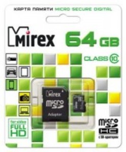 Карта памяти Micro SDXC 64Gb Mirex class 10 с адаптером SD